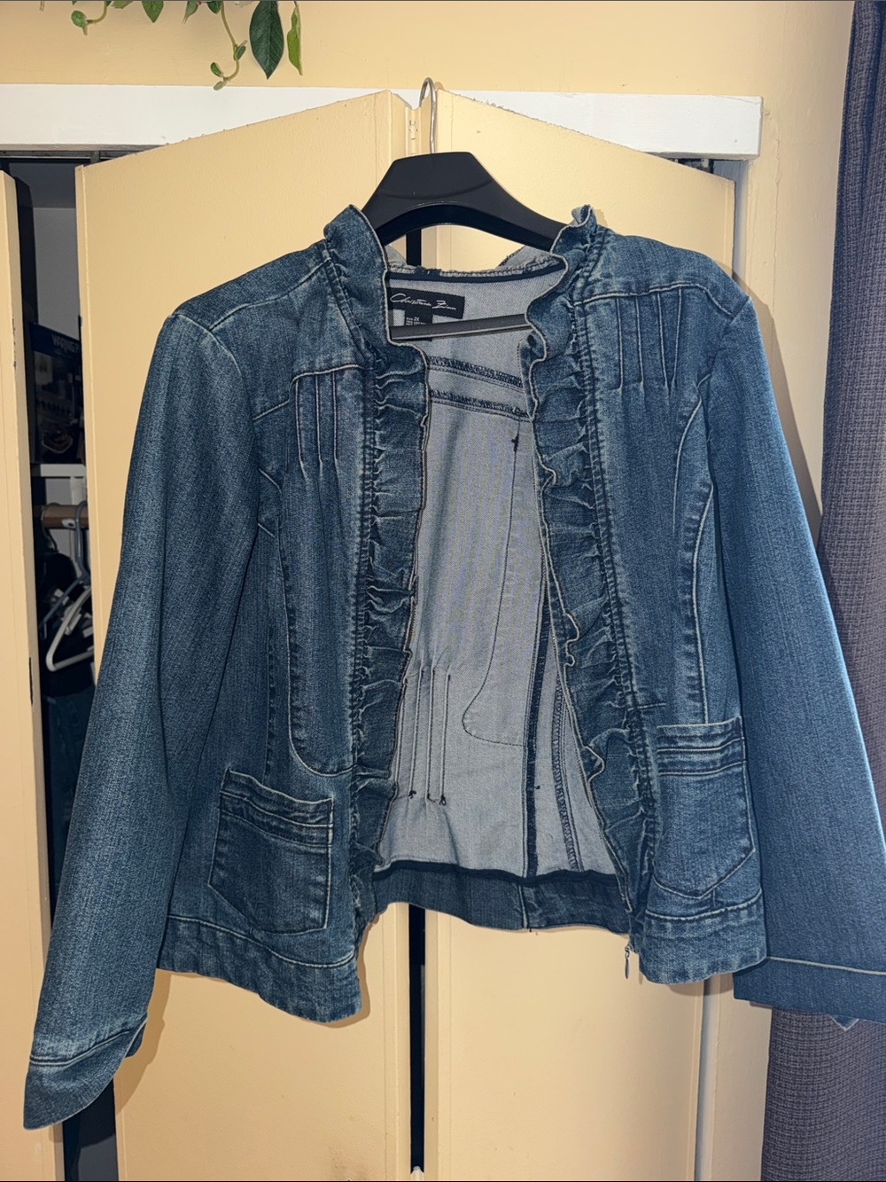 Ruffle-Trim Dark Blue Denim Jacket